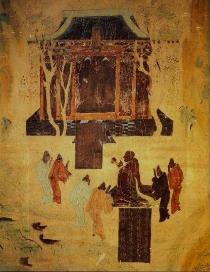 8th century fresco at Mogao Caves near Dunhuang, Gansu Province. Depiction of the Han Emperor Wu worshiping statues of the Buddha