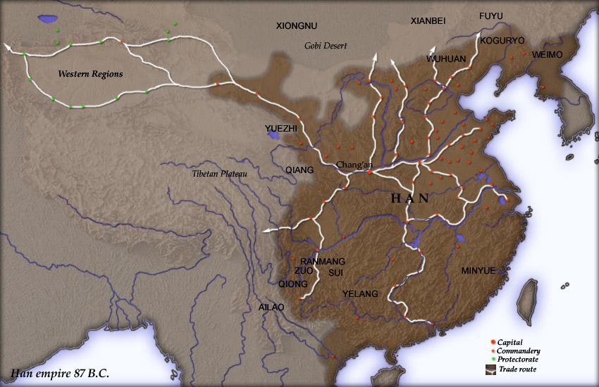 Map of the Han Dynasty empire in the year 87 BC