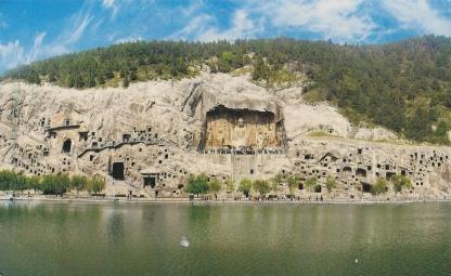 view of the Longmen Grottoes from the eastern bank of the Yi River
