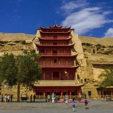 view of the seven-story pagoda at Cave 96 of the Mogao Caves southeast of Dunhuang