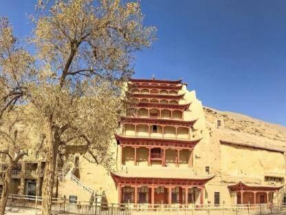 view of the temple facade outside Cave 96 of the Mogao Caves near Dunhuang