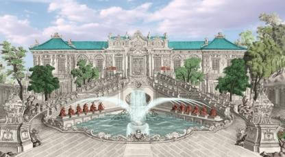 drawing of the Haiyantang Palace with its Grand Waterworks fountain