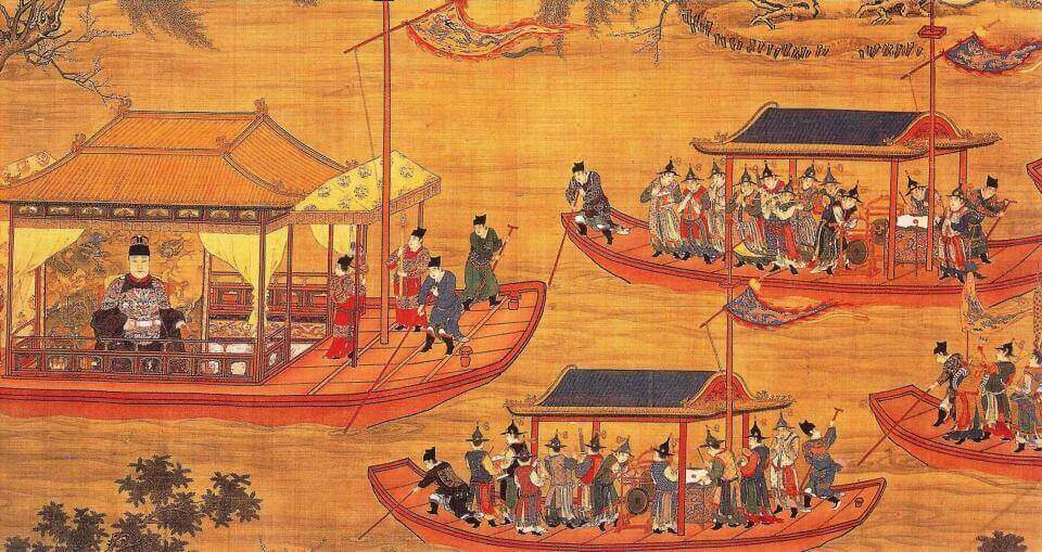 Ming court artist painting showing the Ming emperor Jiajing on his state barge