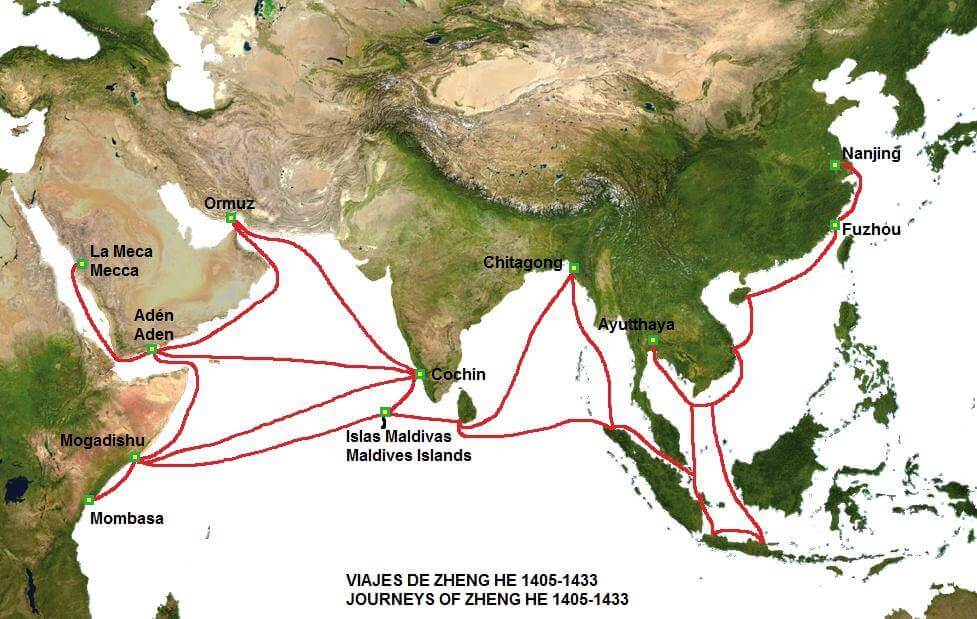 Map of the exploratory sea voyages of Admiral Zheng He between AD 1405 - 1433