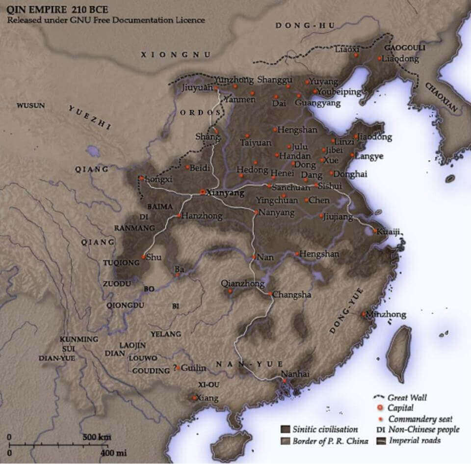 map showing the extension of the Qin Empire in the year 210 BC