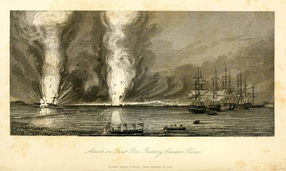 historic postcard showing the Battle of First Bar on the Canton River during the First Opium War