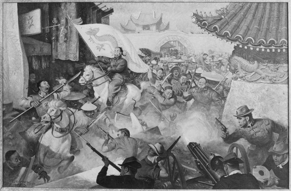 US Marines fight rebellious Boxers outside the Beijing Legation Quarter in AD 1900