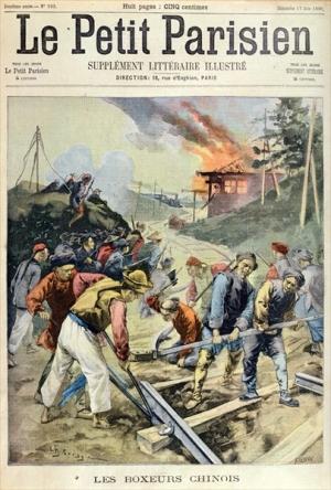 front page of the French newspaper Le Petit Parisien showing Chinese Boxers destroying a railroad during the Boxer Rebellion