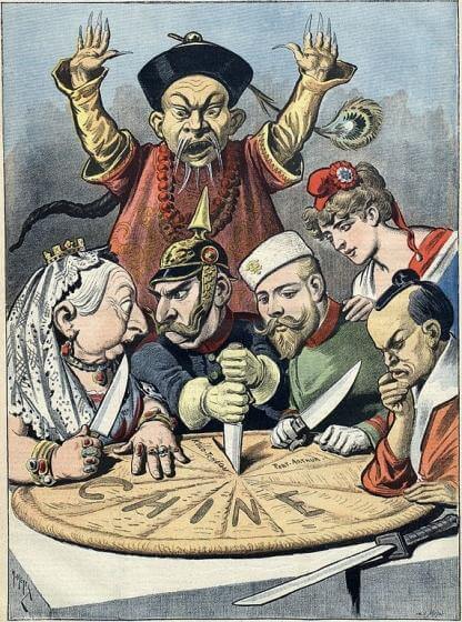 French political caricature from the 1890s showing the imperialist powers of England, Germany, Russia, France and Japan (from left) carving up China like a pie