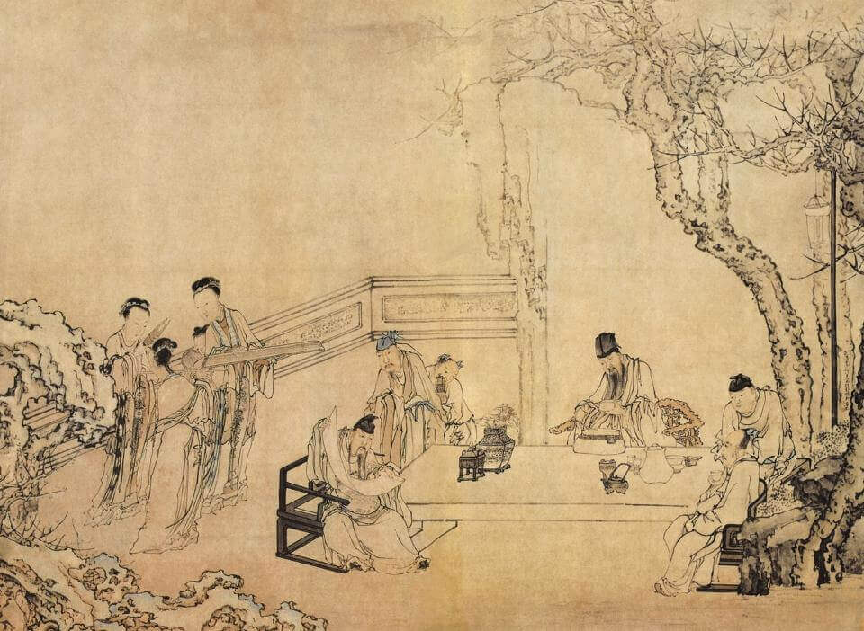 Qing dynasty painting by Huang Shen, showing a gathering of Chinese literati sitting in a banquet composing poetry, eating and listening to music