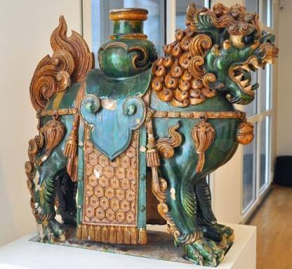glazed temple roof figure of Mañjuśrī's lion from the 17th or 18th century