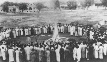 Tsinghua University students in Beijing burn Japanese goods in 1919