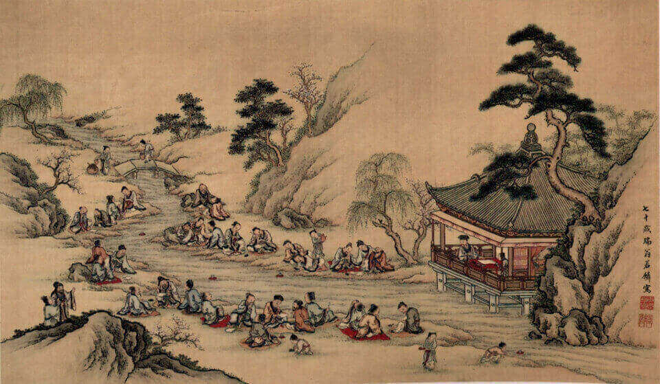 Japanese scroll painting of the Orchid Pavilion Gathering by Yamamoto Jakurin