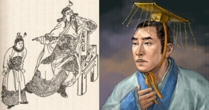 Left: Portrait of the statesman Sima Zhao (seated) from a Qing Dynasty edition of The Romance of the Three Kingdoms Right: Cao Huan, the last emperor of the state of Wei