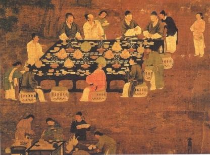 detail of Song dynasty painting - An Elegant Party - showing a small Chinese banquet hosted by the emperor for scholar-officials