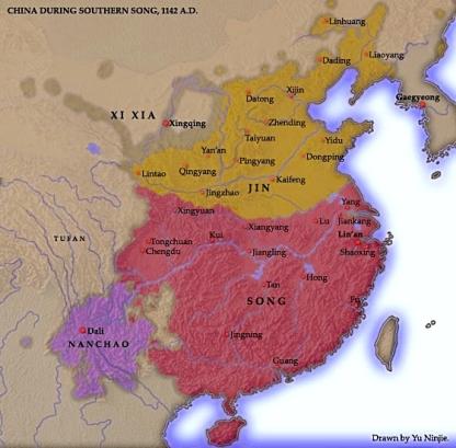 AD 1142 map showing the Southern Song and Jurchen Jin territory