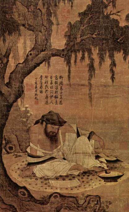 11th century Song dynasty painting showing a Chinese scholar in a meadow