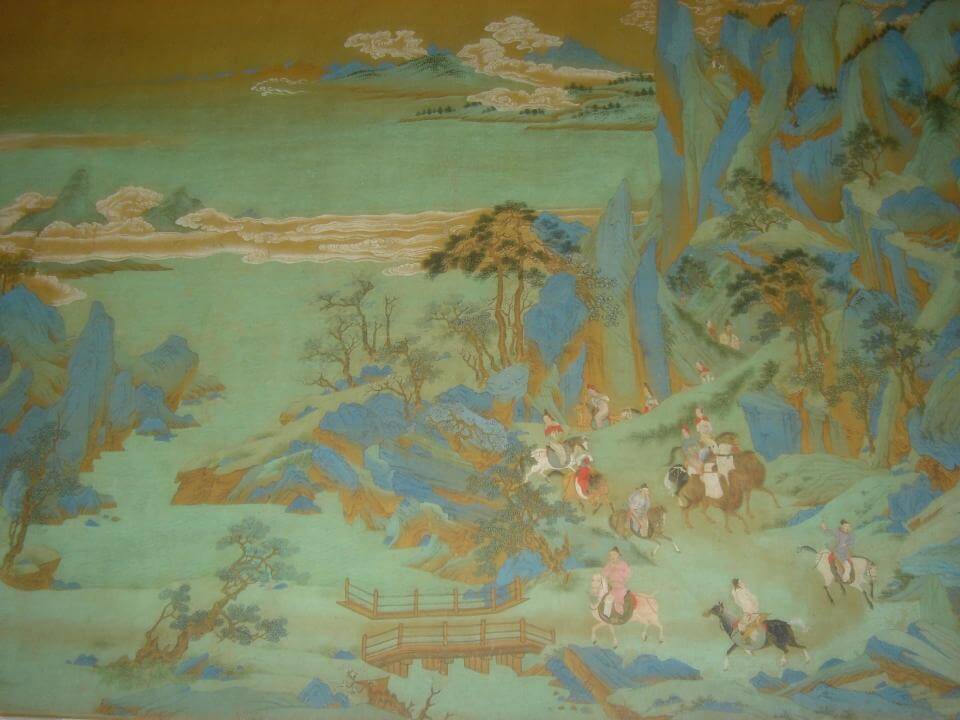 Ming dynasty scroll painting on silk showing Emperor Xuanzong fleeing Chang'an
