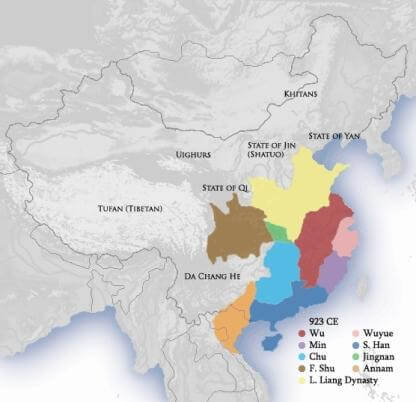 Map showing the most important states during the Five Dynasties and Ten Kingdoms Period in AD 923