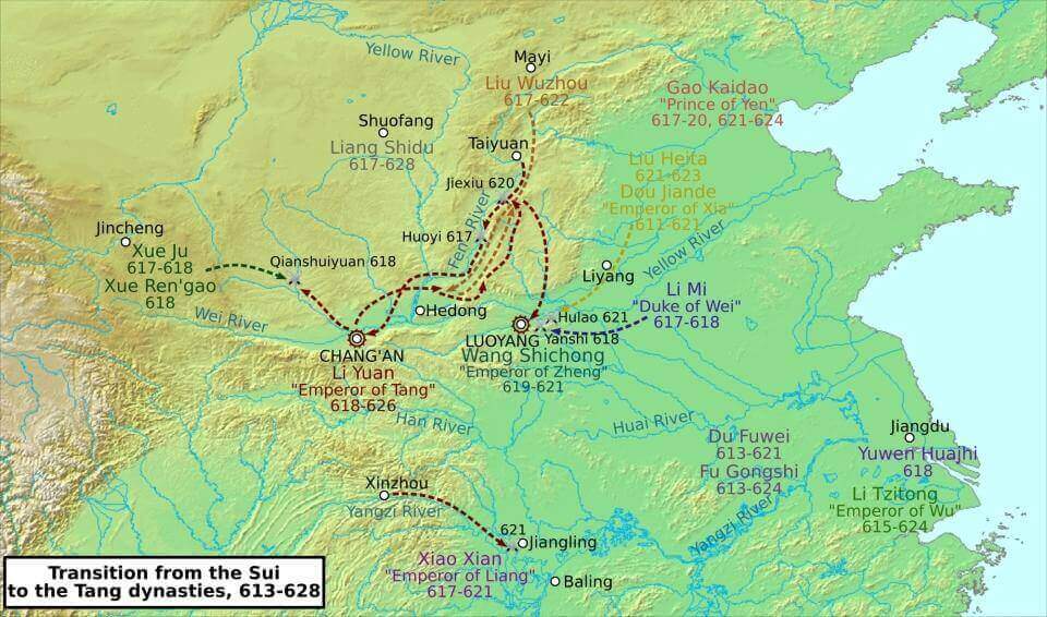 Map showing the period of transition from the Sui to the Tang