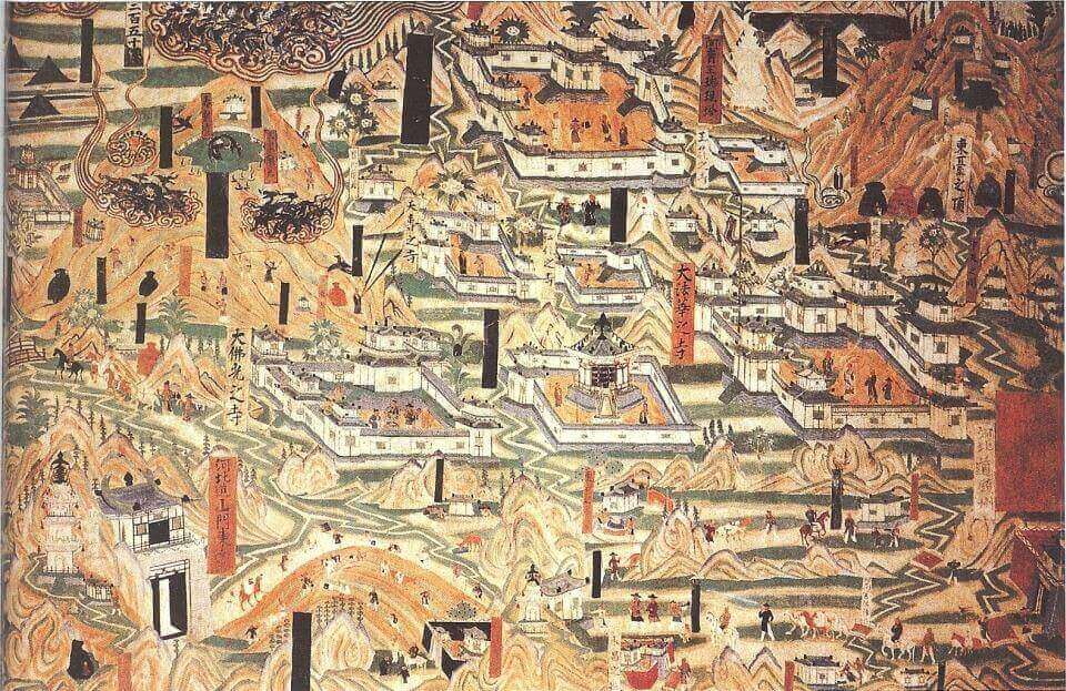10th century mural painting at the Mogao Caves in Dunhuang depicting Tang Dynasty monastic architecture from Mount Wutai, Shanxi province