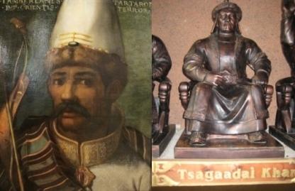 Left: 16th century painting of Tamerlane Right: Statue of Chagatai Khan, the leader of the Chagatai Khanate