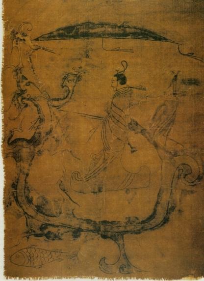 Silk painting featuring a man riding a dragon, dated to 5th century BC