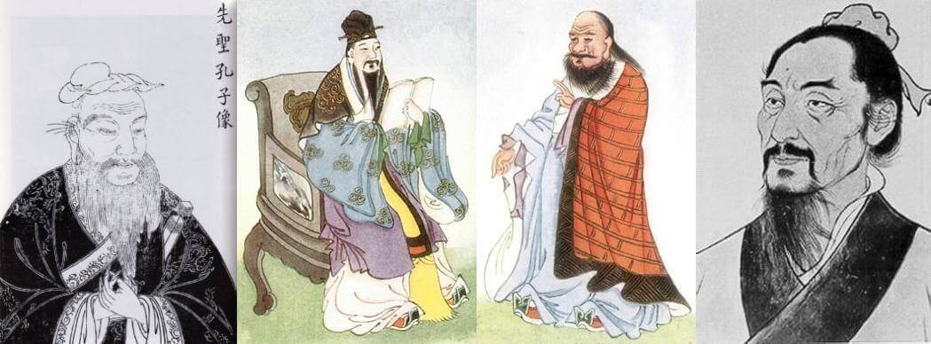 Left: Confucius as scholar Middle Left: the Confucian philosopher Mencius Middle Right: Portrait of Laozi Right: drawing of the Chinese political philosopher and religious reformer Mozi